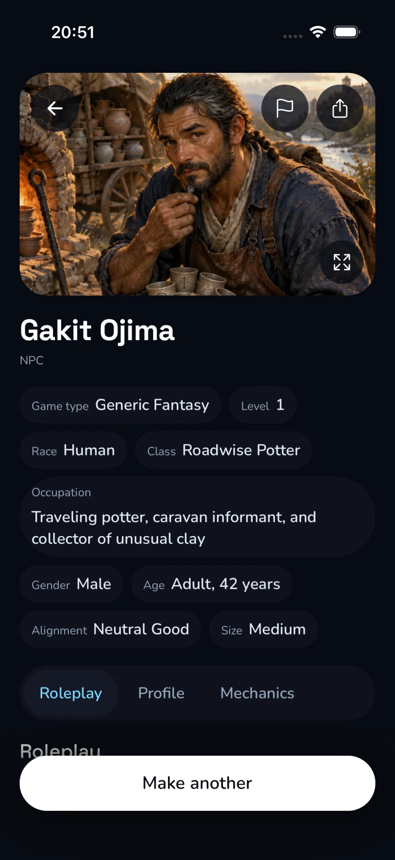 CharGen for iPhone showing Gakit Ojima, a travelling potter, with his portrait, character details and roleplay tab